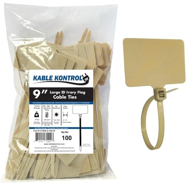 Kable Kontrol Write On Zip Tie Tags, 2in x 3in, Flag Top, 9in L, 80 Lbs Strength, Ivory, 100PK - CTWO-9-100-IV
