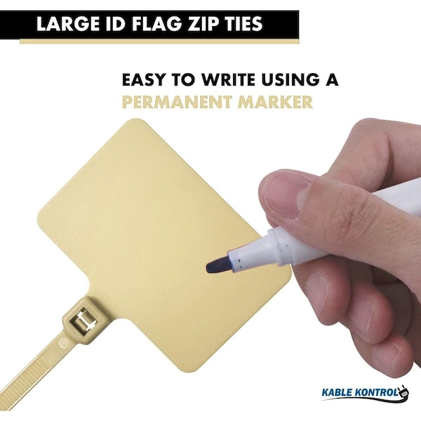 Kable Kontrol Write On Zip Tie Tags, 2in x 3in, Flag Top, 9in L, 80 Lbs Strength, Ivory, 100PK - CTWO-9-100-IV