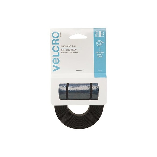 Velcro Brand Cable Tie Strap, 12 ft L, Black, Polyethylene (Hook) Polyamide (Backing), 40 lb Strength - 90340