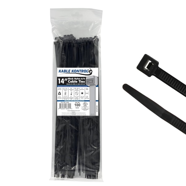 Kable Kontrol Cable Tie, 14 in L, 4.01 in Max Bundle Dia., Black, Nylon 6/6, 50 lb Strength, 100 PK - CT268