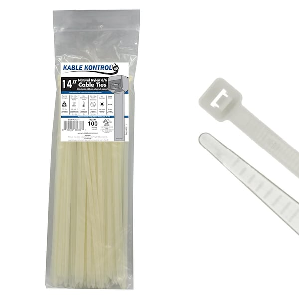 Kable Kontrol Cable Tie, 14 in L, 4.01 in Max Bundle Dia., Natural, Nylon 6/6, 120 lb Strength, 100 PK - CT271