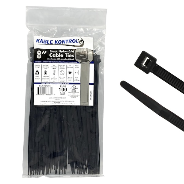 Kable Kontrol Cable Tie, 8 in L, 2.16 in Max Bundle Dia., Black, Nylon 6/6, 50 lb Strength, 100 PK - CT266
