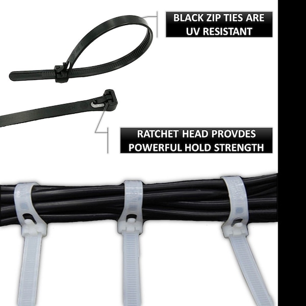 Kable Kontrol Cable Tie, 6 in L, 1-1/4 in Max Bundle Dia., Black, Nylon 6/6, 50 lb Strength, 100 PK - CTR600BLK