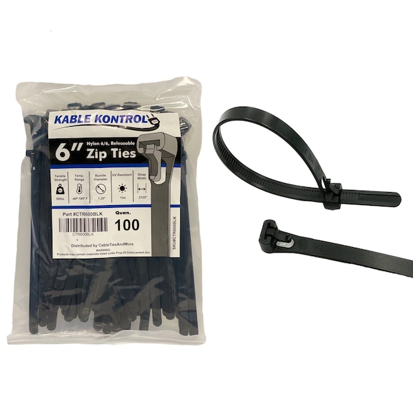 Kable Kontrol Cable Tie, 6 in L, 1-1/4 in Max Bundle Dia., Black, Nylon 6/6, 50 lb Strength, 100 PK - CTR600BLK