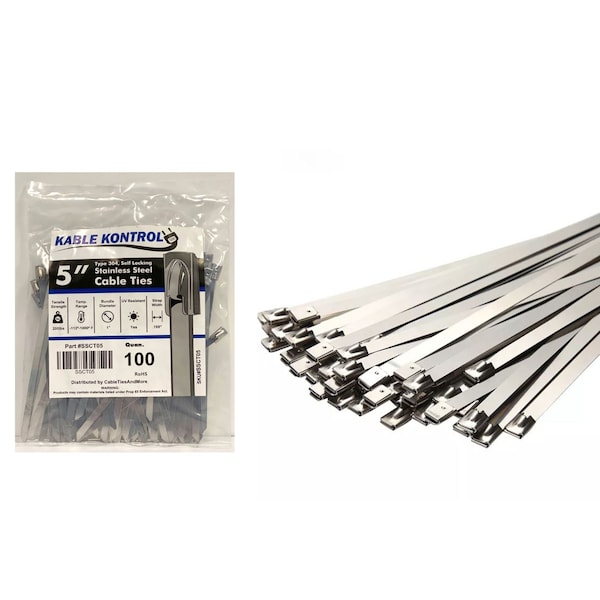 Kable Kontrol Cable Tie, 5 in L, 1 in Max Bundle Dia., Silver, 304 Stainless Steel, 200 lb Strength, 100 PK - SSCT05