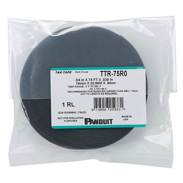 Panduit Cable Tie, 75 ft L, 0.63 in Max Bundle Dia., Black, Nylon, 40 lb Strength - TTR-75R0