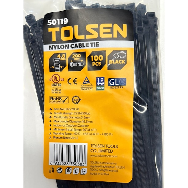 Tolsen Cable Tie, 8 in L, 49.5 mm Max Bundle Dia., Black, Nylon 6/6, 50 lb Strength, 100 PK - 50119