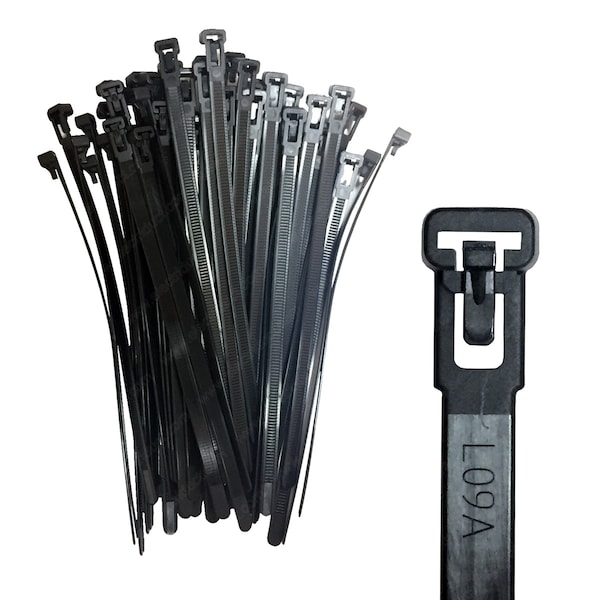 Electriduct Cable Tie, 8 in L, Black, Nylon 6/6, 50 lb Strength - CT-ED-REUSABLE-08-50-100-BK