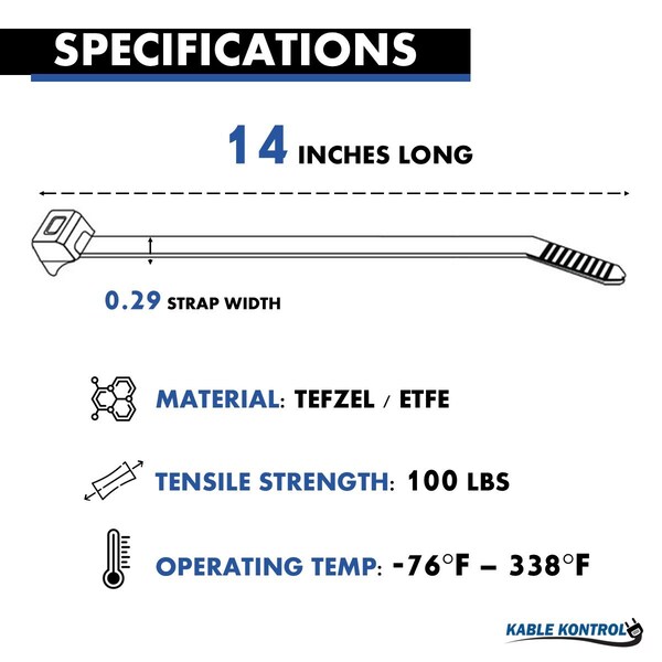 Kable Kontrol ETFE Tefzel Cable Zip Ties, 14 inch, 100lbs, 50PK - KKTF-14-100-50