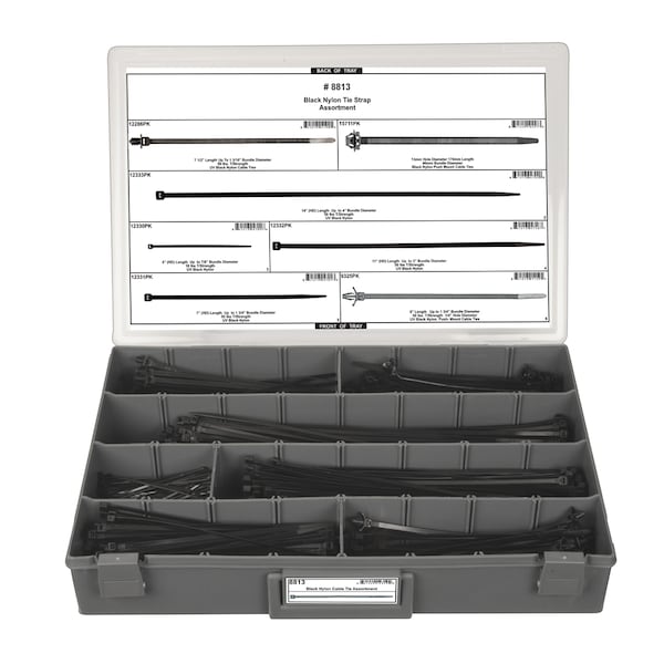 Disco Cable Tie Assortment, 4 in, 7 in, 7-1/2 in, 8 in, 11 in, 14 in, 170 mm L, Black, Nylon - 8813