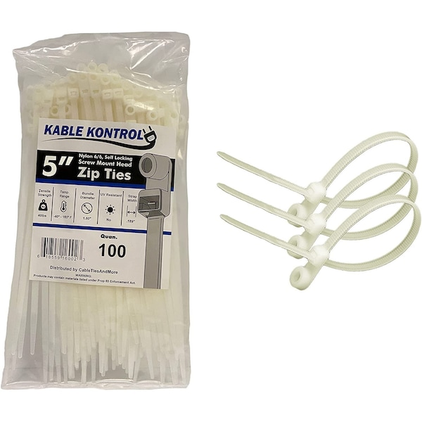 Kable Kontrol Cable Tie, 5 in L, 3 in Max Bundle Dia., Natural, Nylon 6/6, 40 lb Strength, 100 PK - MHT5-40-NATURAL