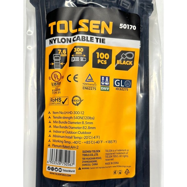 Tolsen Cable Tie, 12 in L, 82.8 mm Max Bundle Dia., Black, Nylon 6/6, 120 lb Strength, 100 PK - 50170