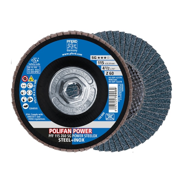 Pferd 4-1/2" x 5/8-11 Thd. POLIFAN® Disco de láminas - Z SG POWER STEELOX, Zirconia, 60 Grit, Plano - 62278