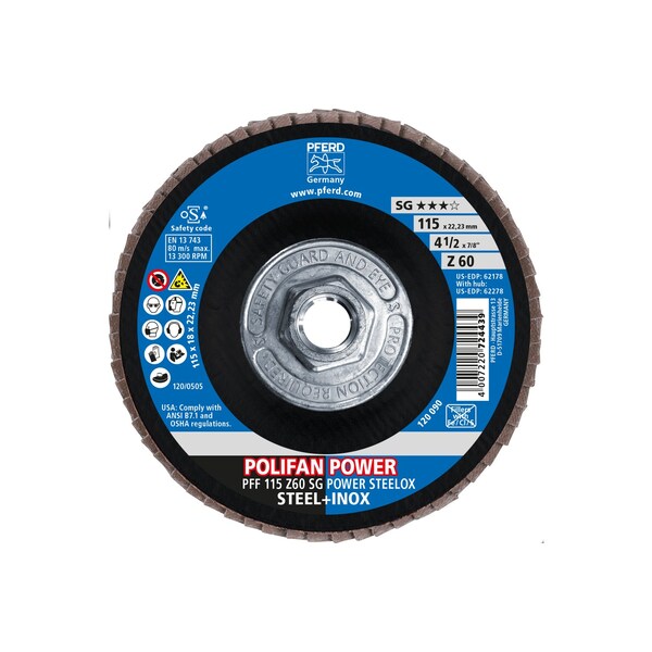 Pferd 4-1/2" x 5/8-11 Thd. POLIFAN® Disco de láminas - Z SG POWER STEELOX, Zirconia, 60 Grit, Plano - 62278