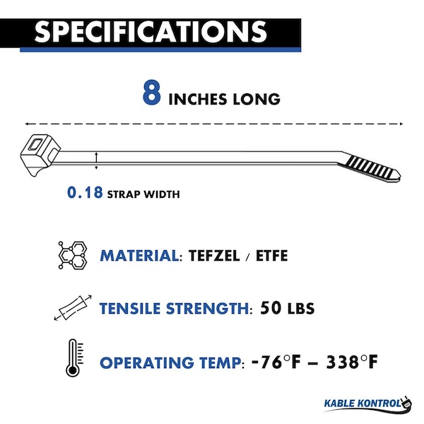 Kable Kontrol ETFE Tefzel Cable Zip Ties, 8 inch, 50lbs, 100PK - KKTF-08-50-100