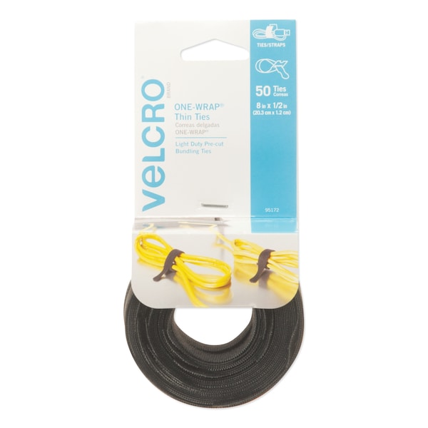 Velcro Brand Cable Tie, 8 in L, Black, Nylon, Polyethylene, 15 lb Strength, 50 PK - 95172