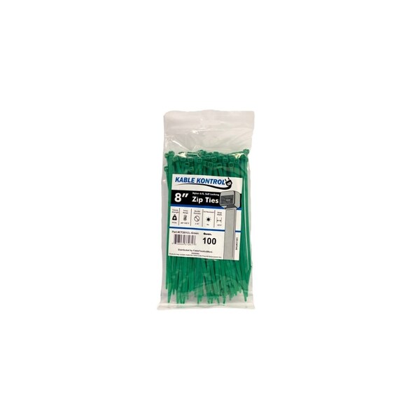 Kable Kontrol Cable Tie, 8 in L, 2.16 in Max Bundle Dia., Green, Nylon 6/6, 50 lb Strength, 100 PK - CT261CL-GREEN