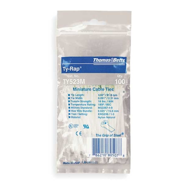 Ty-Rap Cable Tie, 4 in L, 5/8 in Max Bundle Dia., Natural, Nylon 6/6, 18 lb Strength, 100 PK - TY523M