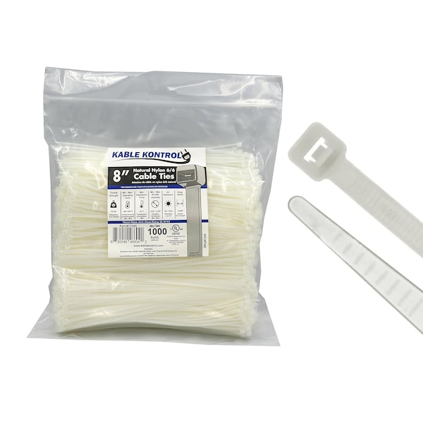 Kable Kontrol Cable Tie, 8 in L, 2.16 in Max Bundle Dia., Natural, Nylon 6/6, 18 lb Strength, 1000 PK - CT295