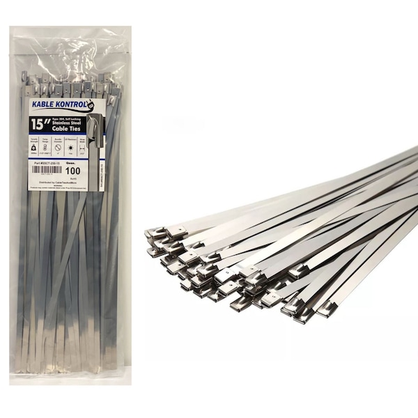 Kable Kontrol Cable Tie, 15 in L, 4.01 in Max Bundle Dia., Silver, 304 Stainless Steel, 350 lb Strength, 100 PK - SSCT-250-15