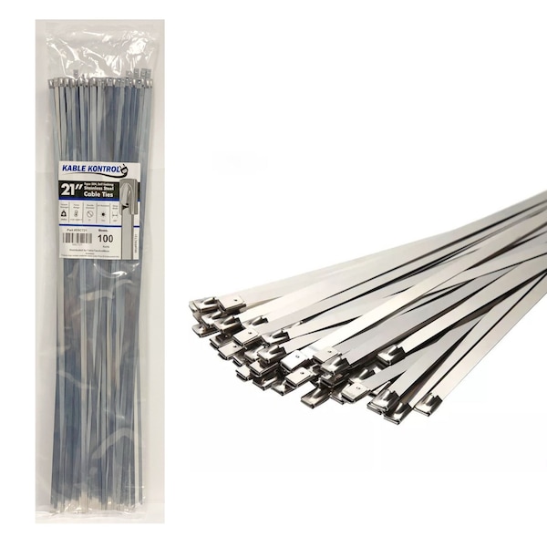 Kable Kontrol Cable Tie, 21 in L, 6 in Max Bundle Dia., Silver, 304 Stainless Steel, 200 lb Strength, 100 PK - SSCT21