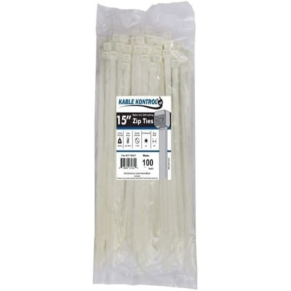 Kable Kontrol Cable Tie, 15 in L, 4-1/8 in Max Bundle Dia., Natural, Nylon 6/6, 250 lb Strength, 100 PK - CT15NAT