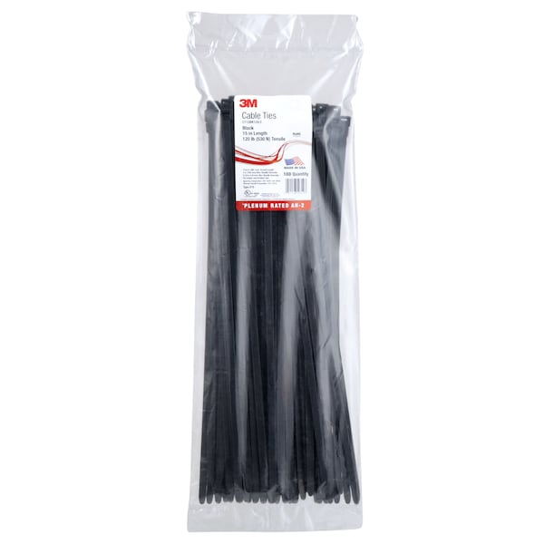 3M Cable Tie, 15 in L, 4 in Max Bundle Dia., Black, Nylon 6/6, 120 lb Strength, 500 PK - CT15BK120-C