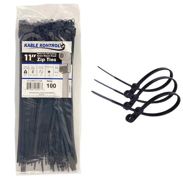 Kable Kontrol Cable Tie, 11 in L, 3 in Max Bundle Dia., Black, Nylon 6/6, 50 lb Strength, 100 PK - MHT11-50-BLACK