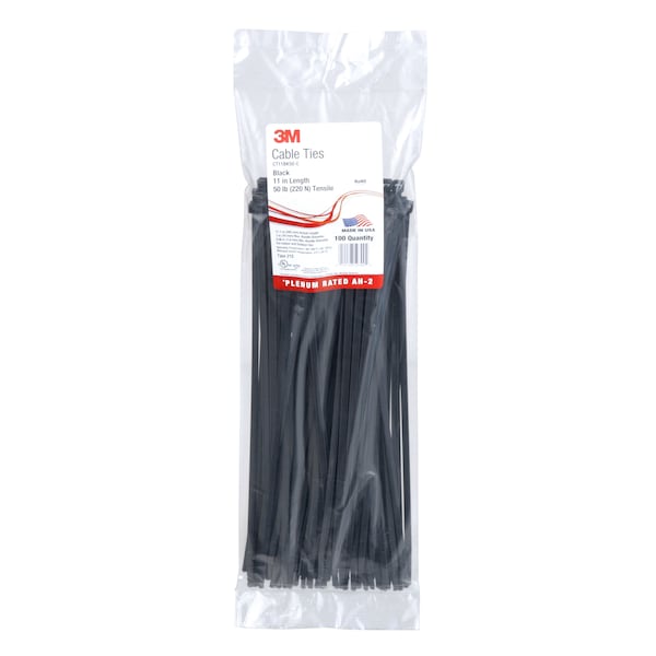 3M Cable Tie, 11 in L, 3 in Max Bundle Dia., Black, Nylon 6/6, 50 lb Strength, 1000 PK - CT11BK50-C