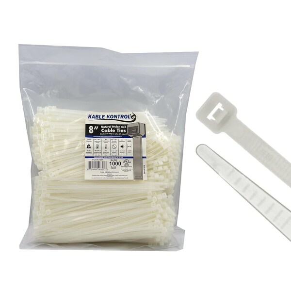 Kable Kontrol Cable Tie, 8 in L, 2.16 in Max Bundle Dia., Natural, Nylon 6/6, 50 lb Strength, 1000 PK - CT207