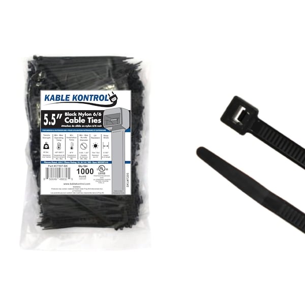 Kable Kontrol Cable Tie, 5-1/2 in L, 1-1/8 in Max Bundle Dia., Black, Nylon 6/6, 40 lb Strength, 1000 PK - CT507-BK