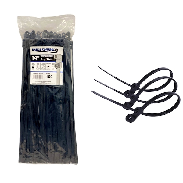 Kable Kontrol Cable Tie, 14 in L, 4 in Max Bundle Dia., Black, Nylon 6/6, 50 lb Strength, 100 PK - MHT14-50-BLACK