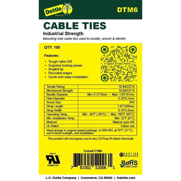 Dottie Cable Tie, 8 in L, 1.85 in Max Bundle Dia., Natural, Nylon 6/6, 50 lb Strength, 100 PK - DTM6