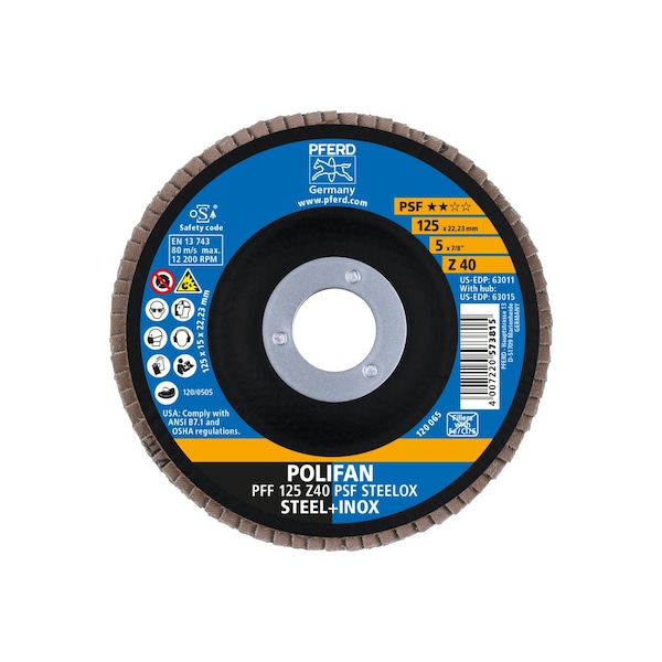 Disco de láminas POLIFAN® Pferd de 5" x 7/8" A.H. - Z PSF STEELOX, Zirconia, 40 granos, plano - 63011