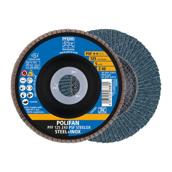 Disco de láminas POLIFAN® Pferd de 5" x 7/8" A.H. - Z PSF STEELOX, Zirconia, 40 granos, plano - 63011