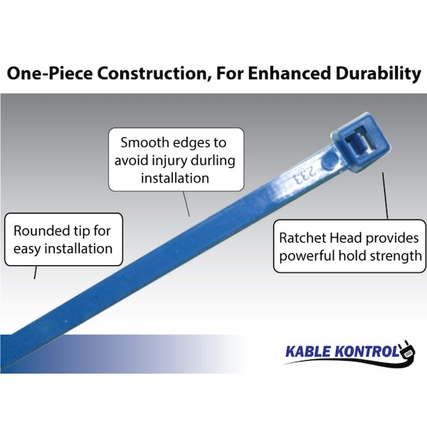 Kable Kontrol Cable Tie, 8 in L, 47.62 mm Max Bundle Dia., Blue, Nylon 6/6, 40 lb Strength, 100 PK - CTMD800-50-BLUE