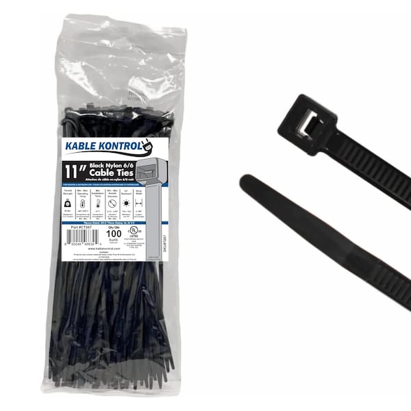 Kable Kontrol Cable Tie, 11 in L, 3-3/16 in Max Bundle Dia., Black, Nylon 6/6, 50 lb Strength, 100 PK - CT267