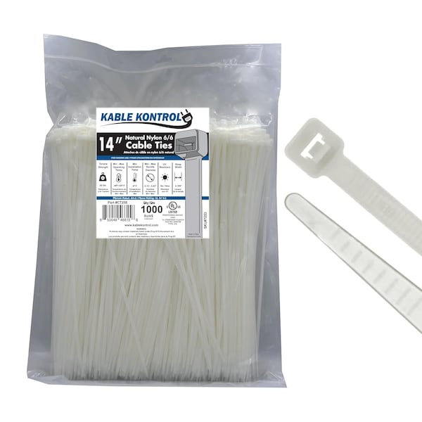 Kable Kontrol Cable Tie, 14 in L, 4.01 in Max Bundle Dia., Natural, Nylon 6/6, 50 lb Strength, 1000 PK - CT256