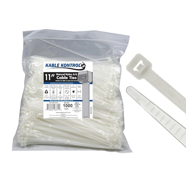 Kable Kontrol Cable Tie, 11 in L, 3-3/16 in Max Bundle Dia., Natural, Nylon 6/6, 50 lb Strength, 1000 PK - CT220