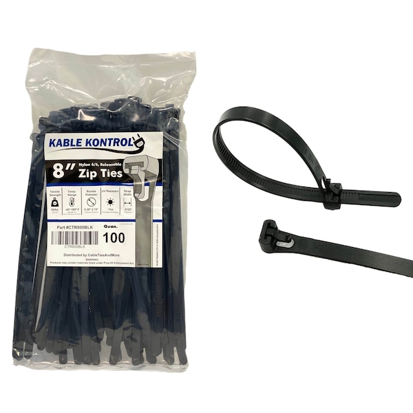 Kable Kontrol Cable Tie, 8 in L, 1-3/4 in Max Bundle Dia., Black, Nylon 6/6, 50 lb Strength, 100 PK - CTR800BLK