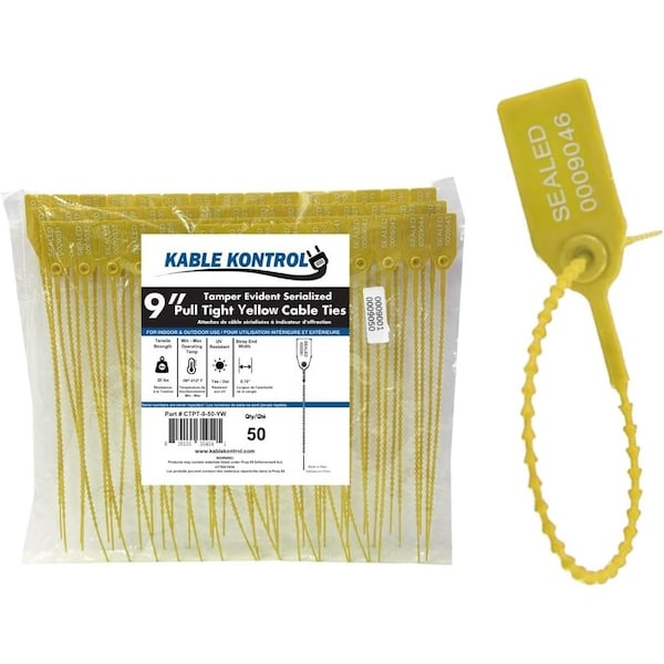Kable Kontrol Pull Tight Cable Zip Tie Seals, Numbered Tamper Evident, 9in L, 20 Lbs Strength, Yellow, 50PK - CTPT-9-50-YW