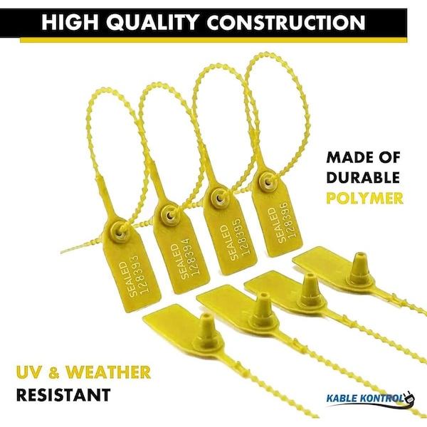Kable Kontrol Pull Tight Cable Zip Tie Seals, Numbered Tamper Evident, 9in L, 20 Lbs Strength, Yellow, 50PK - CTPT-9-50-YW