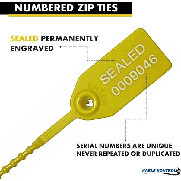 Kable Kontrol Pull Tight Cable Zip Tie Seals, Numbered Tamper Evident, 9in L, 20 Lbs Strength, Yellow, 50PK - CTPT-9-50-YW