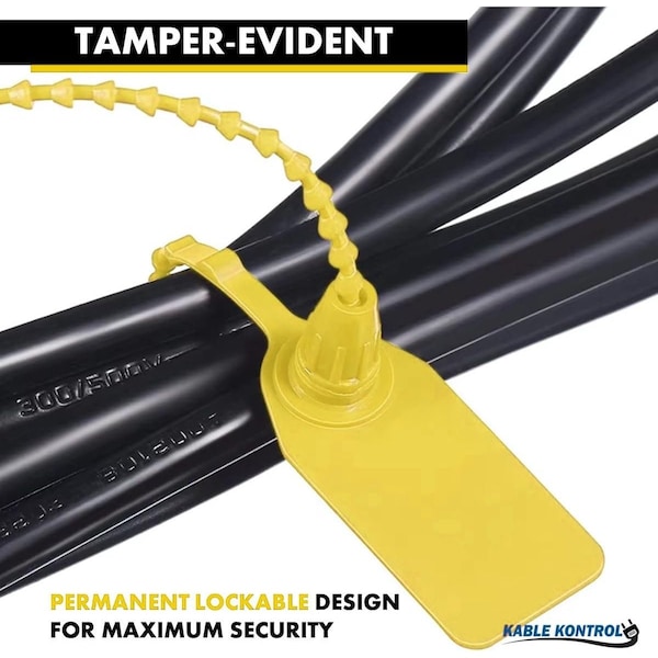 Kable Kontrol Pull Tight Cable Zip Tie Seals, Numbered Tamper Evident, 9in L, 20 Lbs Strength, Yellow, 50PK - CTPT-9-50-YW