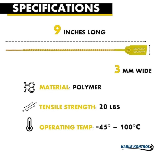 Kable Kontrol Pull Tight Cable Zip Tie Seals, Numbered Tamper Evident, 9in L, 20 Lbs Strength, Yellow, 50PK - CTPT-9-50-YW