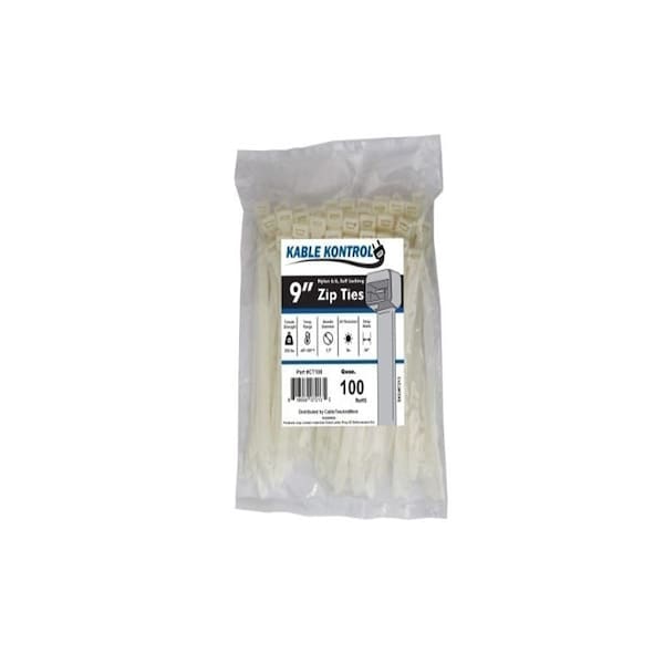 Kable Kontrol Cable Tie, 9 in L, 2.30 in Max Bundle Dia., Natural, Nylon 6/6, 250 lb Strength, 100 PK - CT108