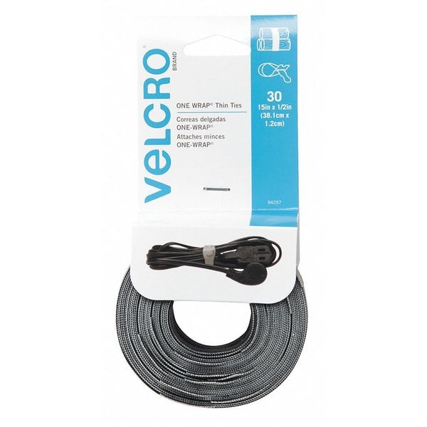 Velcro Brand Cable Tie Strap, 15 in L, Black, Gray, Nylon, 25 lb Strength, 30 PK - 94257