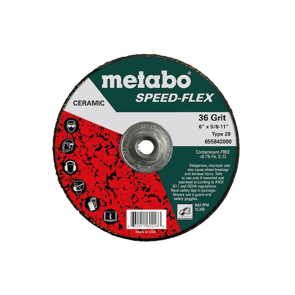Disco de fibra de resina Metabo 6" Speed-Flex Ceramic 36 Grit, 5/8"-11, T29 Fiberglass - 655842000