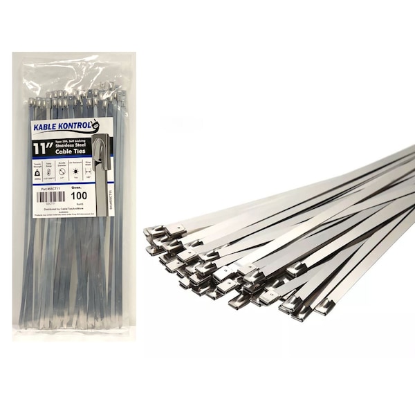 Kable Kontrol Cable Tie, 11 in L, 2.70 in Max Bundle Dia., Silver, 304 Stainless Steel, 350 lb Strength, 100 PK - SSCT-250-11