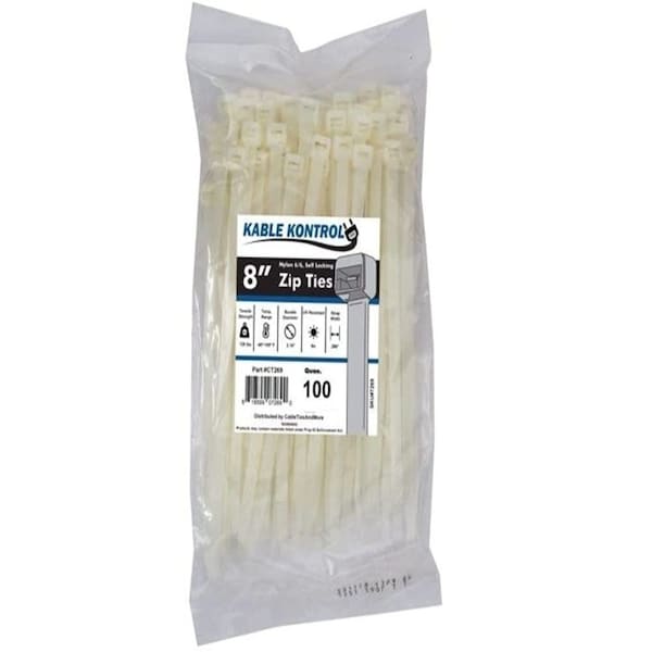 Kable Kontrol Cable Tie, 8 in L, 2.16 in Max Bundle Dia., Natural, Nylon 6/6, 120 lb Strength, 100 PK - CT269